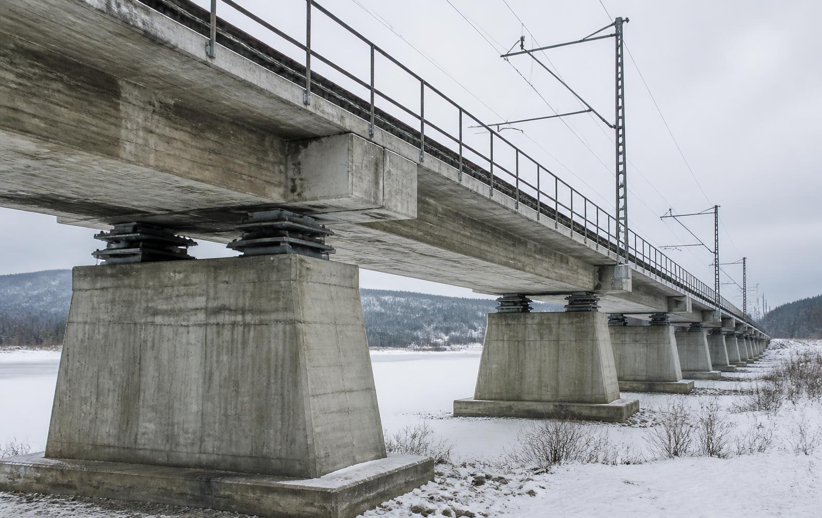 Jernbanebro med synlige piller, lejer og brodæk